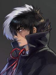 Rule 34 | 1boy, black coat, black hair, black jack (character), black jack (series), brown eyes, closed mouth, coat, grey background, highres, male focus, multicolored hair, red neckwear, red ribbon, ribbon, scar, simple background, solo, split-color hair, uncle rabbit ii, white hair