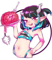 Rule 34 | 1girl, nanashi inc., belt, belt bra, black hair, blue belt, blue hair, blue panties, blush, brain, chaki (teasets), chest belt, commentary request, demon girl, demon horns, demon tail, fang, flat chest, fork, hand on own hip, highleg, highleg panties, holding, holding plate, horns, looking at viewer, medium hair, multicolored hair, navel, open mouth, panties, plate, pointy ears, red eyes, shishio chris, side ponytail, simple background, smile, solo, sugar lyric, tail, transparent background, two-tone hair, underwear, upper body, virtual youtuber