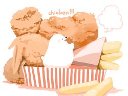 Rule 34 | animal, bear, box, chai (drawingchisanne), chicken (food), commentary request, english text, closed eyes, fang, food, food focus, fried chicken, highres, in food, no humans, open mouth, original, polar bear, simple background, solo, striped, tail, undersized animal, white background