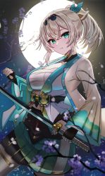 Rule 34 | 1girl, alternate breast size, black gloves, blonde hair, branch, breasts, chest sarashi, cowboy shot, fingerless gloves, full moon, gloves, green eyes, green skirt, hair between eyes, hair ribbon, haori, highres, holding, holding sword, holding weapon, hololive, inari (ambercrown), japanese clothes, katana, kazama iroha, large breasts, layered sleeves, long sleeves, looking at viewer, moon, night, parted lips, pleated skirt, pleated sleeves, ponytail, ribbon, sarashi, skirt, solo, sword, thighhighs, virtual youtuber, weapon, wide sleeves