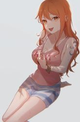 Rule 34 | 1girl, bad id, bad twitter id, bare shoulders, bracelet, breasts, clothes pull, highres, jewelry, large breasts, long hair, looking at viewer, machida 0906, nami (one piece), one piece, open mouth, orange eyes, orange hair, pink shirt, shima (pattern), shirt, shirt pull, shorts, shoulder tattoo, sidelocks, simple background, sitting, solo, striped clothes, striped shorts, sweat, tattoo, tongue, tongue out