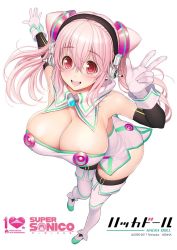 Rule 34 | 1girl, blush, breasts, cleavage, gloves, hacka doll, headphones, large breasts, long hair, looking at viewer, nitroplus, open mouth, pink eyes, pink hair, simple background, smile, solo, super sonico, thighhighs, tsuji santa, white gloves