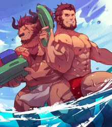 Rule 34 | 2boys, abs, absurdres, alternate costume, animal ears, back-to-back, bara, bard, bare pectorals, beard, chest hair, commission, cow boy, cow ears, cow horns, facial hair, fate/grand order, fate/zero, fate (series), feet out of frame, furry, furry male, guoguo, hest, highres, horns, iskandar (fate), large pectorals, loincloth, loincloth lift, male focus, male swimwear, minotaur, multiple boys, muscular, navel, nipples, one eye closed, pectorals, red eyes, red hair, red male swimwear, red swim briefs, scar, scar across eye, scar on face, short hair, swim briefs, swimsuit, thick thighs, thighs, water, wet