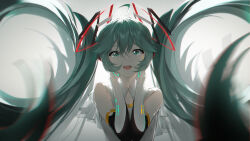Rule 34 | 1girl, absurdres, ahoge, black gloves, c-up, chinese commentary, commentary, crying, crying with eyes open, elbow gloves, floating headgear, gloves, glowing, green eyes, green hair, grey background, hair between eyes, hair ornament, hands on own cheeks, hands on own face, hands up, hatsune miku, headgear, highres, long hair, multicolored clothes, multicolored gloves, open mouth, shirt, sleeveless, sleeveless shirt, smile, solo, tears, teeth, twintails, upper body, upper teeth only, very long hair, vocaloid, white gloves, white shirt