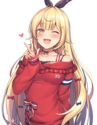 Rule 34 | 1girl, ;d, arm behind back, bare shoulders, black choker, blonde hair, blunt bangs, blush, breasts, choker, collarbone, commentary request, eyebrows, fingernails, hand up, highres, hoshikawa sara, hoshikawa sara (2nd costume), long fingernails, long hair, long sleeves, looking at viewer, medium breasts, mutsuba fumi, nail polish, nijisanji, one eye closed, open mouth, pink nails, red sweater, sidelocks, simple background, sleeves past wrists, smile, solo, spaghetti strap, standing, sweater, teeth, union jack, upper body, upper teeth only, very long hair, virtual youtuber, w, white background, yellow eyes