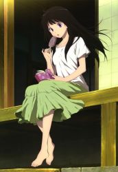 Rule 34 | 10s, 1girl, :o, absurdres, barefoot, black hair, book, chitanda eru, feet, food, highres, hyouka, long hair, nyantype, official art, open book, open mouth, pinky out, popsicle, porch, purple eyes, scan, sezaki rie, sitting, skirt, solo, veranda