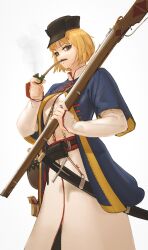 Rule 34 | 1girl, absurdres, antique firearm, blonde hair, brown eyes, brown hat, cossack, firearm, gun, hat, highres, holding, holding gun, holding smoking pipe, holding weapon, long sleeves, looking at viewer, marichka, medium hair, military hat, musket, original, pipe in mouth, saber (weapon), sharp teeth, simple background, smoking, smoking pipe, sword, teeth, ukrainian clothes, wass nonnam, weapon, white background