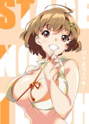 Rule 34 | 1girl, ahoge, bikini, breasts, brown hair, cleavage, comic, graphite (medium), grin, hair ornament, hairclip, halterneck, highres, large breasts, looking at viewer, red eyes, short hair, skindentation, smile, solo, sugihara marika, swimsuit, traditional media, umanosuke, undressing, untying, upper body, wake up girls!, wake up girls! stage no tenshi