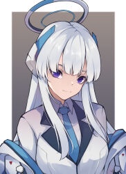 Rule 34 | 1girl, blue archive, blue hair, blue necktie, border, breasts, closed mouth, collared shirt, commentary, grey background, halo, headgear, highres, hitozche, jacket, large breasts, long hair, looking at viewer, necktie, noa (blue archive), shirt, sidelocks, smile, solo, upper body, white border, white hair, white jacket, white shirt