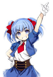Rule 34 | &gt;:d, 1girl, :d, arm up, blue eyes, blue hair, blue jacket, blue skirt, blush, collared shirt, gloves, grin, hair ribbon, hand on own hip, head tilt, jacket, kurasuke, long hair, looking at viewer, necktie, open mouth, original, pointing, pointing up, puffy short sleeves, puffy sleeves, red necktie, red ribbon, ribbon, shirt, short sleeves, simple background, sketch, skirt, smile, solo, v-shaped eyebrows, white background, white gloves, white shirt