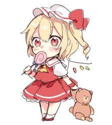 Rule 34 | 1girl, ascot, blonde hair, blush, candy, chibi, collared shirt, crystal, flandre scarlet, food, food in mouth, frilled skirt, frills, full body, hair between eyes, hat, hat ribbon, holding, holding candy, holding food, holding lollipop, holding stuffed toy, lollipop, medium hair, mob cap, one side up, paragasu (parags112), puffy short sleeves, puffy sleeves, red eyes, red footwear, red ribbon, red skirt, red vest, ribbon, shirt, shoes, short sleeves, simple background, skirt, skirt set, socks, solo, standing, stuffed animal, stuffed toy, teddy bear, touhou, vest, white background, white hat, white shirt, white socks, wings, wrist cuffs, yellow ascot