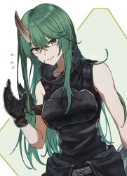Rule 34 | 1girl, absurdres, arknights, armor, bare shoulders, black gloves, black shirt, commentary request, cowboy shot, drunkenjurei., gloves, green background, green hair, grey eyes, grey horns, hair between eyes, hand up, high collar, highres, horns, hoshiguma (arknights), leaning, long hair, looking at viewer, notice lines, partial commentary, scar, scar on face, shirt, simple background, skin-covered horns, sleeveless, sleeveless shirt, smile, solo, standing, sweat, waving, white background