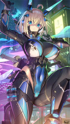 1girl absurdres aqua_eyes armored_bodysuit blonde_hair bodysuit breasts building closed_mouth commentary_request covered_navel hair_between_eyes highres hip_vent holding holding_sword holding_weapon impossible_bodysuit impossible_clothes kuji-in large_breasts looking_at_viewer mecha_musume night ninja on_one_knee original short_hair solo sophia_f_shirring sword sword_behind_back takamine_nadare weapon weapon_on_back