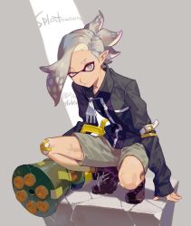 Rule 34 | 1boy, bandaid, bandaid on knee, bandaid on leg, black footwear, black jacket, boots, character request, commentary request, copyright name, crack, dated, grey hair, half-closed eye, holding, inkling, inkling boy, inkling player character, jacket, long sleeves, looking at viewer, male focus, mask, nintendo, paint gun, ponytail, solo, squatting, tentacle hair, uneven eyes, yamakawa, zipper
