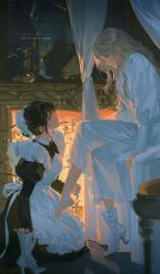 Rule 34 | 2girls, apron, artist name, barefoot, black hair, blonde hair, blue eyes, blush, closed mouth, curtains, dress, eye contact, feet, fireplace, from side, highres, indoors, long hair, long sleeves, looking at another, maid, maid apron, maid headdress, multiple girls, original, rrr (reason), sitting, white footwear, yuri