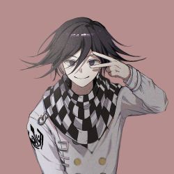 Rule 34 | 1boy, bad id, bad twitter id, black hair, buttons, checkered clothes, checkered neckwear, checkered scarf, commentary request, danganronpa (series), danganronpa v3: killing harmony, double-breasted, gatobau, grey jacket, hair between eyes, hand up, jacket, long sleeves, looking at viewer, male focus, oma kokichi, scarf, smile, solo, straitjacket, upper body, v, v over eye