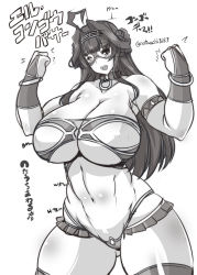 Rule 34 | 1girl, abs, ahoge, alternate costume, armlet, artist name, braid, breasts, cleavage, collar, cosplay, cowboy shot, crown braid, gluteal fold, hairband, hands up, height, highres, huge breasts, kantai collection, kongou (kancolle), legs apart, linea alba, long hair, looking at viewer, mask, monochrome, navel, notauchi mawaru ni-shiki, one eye closed, sidelocks, skindentation, smile, solo, standing, teeth, thick thighs, thighhighs, thighs, thong, three sizes, toned, translation request, upper teeth only