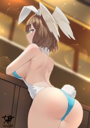 Rule 34 | 1girl, angel wings, artist name, ass, blue eyes, breasts, brown hair, eunie (xenoblade), highres, kaos art, large breasts, legs, leotard, looking at viewer, looking back, open mouth, playboy bunny, rabbit ears, rabbit tail, short hair, sideboob, solo, thick thighs, thighs, wings, xenoblade chronicles (series), xenoblade chronicles 3