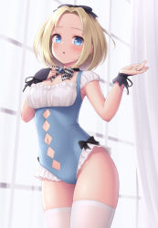 Rule 34 | 1girl, black bow, blonde hair, blue eyes, blush, bow, bowtie, bridal gauntlets, chestnut mouth, clothing cutout, curtains, diamond cutout, frilled leotard, frills, gem, hair bow, highres, jewelry, leotard, maid, maid leotard, navel, navel cutout, original, ring, sasaame, solo, thighhighs, unconventional maid, white thighhighs, window