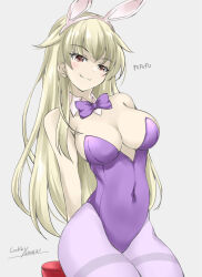 Rule 34 | 1girl, alternate costume, animal ears, arms behind back, blonde hair, bow, bowtie, breasts, cleavage, covered navel, cowboy shot, detached collar, gakky, hair flaps, kantai collection, leotard, long hair, medium breasts, one-hour drawing challenge, pantyhose, playboy bunny, purple bow, purple bowtie, purple leotard, purple pantyhose, rabbit ears, red eyes, smile, solo, stool, strapless, strapless leotard, thighband pantyhose, yuudachi (kancolle), yuudachi kai ni (kancolle)