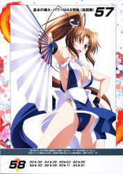 Rule 34 | 1girl, ;d, alternate color, bare shoulders, between breasts, blush, breasts, brown eyes, brown hair, cleavage, collarbone, fatal fury, hand fan, hand on own hip, highres, izumi mahiru, large breasts, long hair, ninja, non-web source, official art, one eye closed, open mouth, pelvic curtain, ponytail, queen&#039;s blade, queen&#039;s gate, revealing clothes, scan, shiranui mai, simple background, smile, solo, the king of fighters
