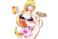 Rule 34 | 1girl, alcohol, bare arms, bare legs, bare shoulders, beer, beer mug, bikini, black bikini, blonde hair, blush, breasts, cleavage, cup, floating hair, food, game cg, glasses, green eyes, highres, holding, large breasts, legs, long hair, looking away, mug, navel, nuko majin, open mouth, solo, standing, swimsuit, tearju lunatique, thighs, to love-ru, to love-ru darkness, transparent background, tray, waitress