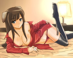 Rule 34 | 1girl, animal ears, bare shoulders, bed, black thighhighs, breasts, brown hair, cleavage, federica n. doglio, female focus, full body, green eyes, groin, indoors, lamp, leg lift, light smile, long hair, lying, navel, off shoulder, on side, open clothes, open shirt, panties, red panties, shirt, solo, strike witches, thighhighs, underwear, vt (ytoh02), world witches series