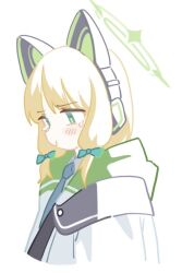 Rule 34 | 1girl, animal ear headphones, animal ears, arms at sides, blonde hair, blue archive, blue necktie, blush, bow, cat ear headphones, coat, collared shirt, commentary request, cropped torso, fake animal ears, from side, furrowed brow, green bow, green eyes, green hood, hair bow, halo, headphones, hood, hood down, hooded coat, hufy, korean commentary, looking down, low-tied sidelocks, midori (blue archive), multiple hair bows, necktie, pout, shirt, short hair, simple background, solo, tearing up, v-shaped eyebrows, white background, white coat