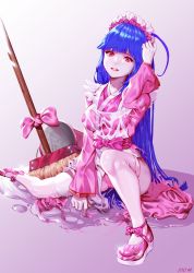Rule 34 | 1girl, :o, alternate costume, blue hair, bow, broom, bucket, crusaders quest, enmaided, hand up, highres, long hair, maid, maid headdress, panties, pantyshot, pink bow, pink eyes, pink footwear, pink panties, puddle, sitting, solo, thighhighs, underwear, very long hair, wangxiii, wet, wet clothes, white thighhighs