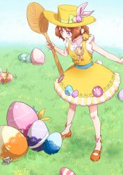 Rule 34 | 1girl, animal, animal on shoulder, aoizumi (eichinohikari), boater hat, brown hair, day, delicious party precure, dress, easter, easter egg, egg, grass, hair rings, hanamichi ran, highres, holding, mary janes, medium dress, medium hair, mem-mem (precure), open mouth, orange footwear, outdoors, oversized object, precure, purple eyes, recipipi, shoes, sleeveless, sleeveless dress, smile, socks, solo, standing, white socks, wooden spoon, yellow dress, yellow headwear