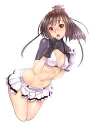 Rule 34 | 10s, 1girl, :o, absurdres, adapted costume, akizuki (kancolle), alternate costume, alternate eye color, bikini, bikini top only, black eyes, black gloves, black hair, blush, breasts, brown hair, cleavage, gloves, hachimaki, hair ornament, hairband, headband, highres, kantai collection, leaning forward, long hair, looking at viewer, miniskirt, multicolored clothes, multicolored gloves, navel, open mouth, pleated skirt, ponytail, short sleeves, simple background, skirt, small breasts, solo, swimsuit, white background, white bikini, white gloves, white skirt, zucchini