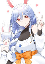 Rule 34 | 2girls, animal ears, blue hair, braid, breasts, hair ornament, highres, hololive, long hair, mature female, mother and daughter, multicolored hair, multiple girls, pekomama, rabbit ears, rabbit girl, simple background, smile, swon (joy200892), thick eyebrows, upper body, usada pekora, v, virtual youtuber, white background, white hair