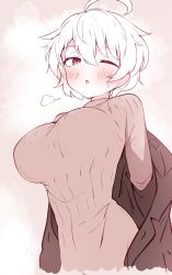 Rule 34 | 1girl, ;o, puff of air, absurdres, ahoge, blush, breasts, coat, damao (kiwa777), hair between eyes, highres, large breasts, long sleeves, looking at viewer, monochrome, one eye closed, original, parted lips, ribbed sweater, sepia, short hair, sketch, solo, sweater, undressing