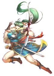 Rule 34 | 1girl, arrow (projectile), asukan, boots, bow (weapon), dress, earrings, fingerless gloves, fire emblem, fire emblem: the blazing blade, fire emblem heroes, gloves, green eyes, green hair, high ponytail, highres, jewelry, long hair, lyn (fire emblem), nintendo, open mouth, pelvic curtain, ponytail, side slit, sword, weapon