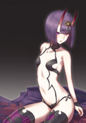 Rule 34 | 1girl, bare shoulders, black background, breasts, collarbone, emoshon, eyes visible through hair, fate/grand order, fate (series), highres, horns, jewelry, light smile, looking at viewer, medium hair, navel, parted lips, petite, purple eyes, purple hair, shuten douji (fate), shuten douji (first ascension) (fate), skin-covered horns, small breasts, solo