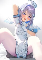 Rule 34 | 1girl, absurdres, amane kanata, amane kanata (nurse), angel wings, aoto mei, armband, between legs, blue hair, blush, colored inner hair, dress, feathered wings, gloves, grey dress, grey hair, hat, highres, hololive, index finger raised, looking at viewer, mini wings, multicolored hair, nurse, nurse cap, open mouth, pantyhose, puffy short sleeves, puffy sleeves, purple eyes, short sleeves, single hair intake, sitting, solo, spread legs, streaked hair, sweatdrop, thighs, virtual youtuber, white gloves, white pantyhose, wings