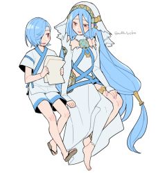 Rule 34 | 1boy, 1girl, aged down, anklet, asymmetrical legwear, azura (fire emblem), bare shoulders, barefoot, blue hair, breasts, clothing cutout, detached collar, detached sleeves, do m kaeru, dress, fire emblem, fire emblem fates, hair between eyes, hair ornament, hair over one eye, hair tubes, holding, holding paper, japanese clothes, jewelry, kimono, long hair, looking at another, medium breasts, mother and son, nintendo, open mouth, paper, pendant, sandals, shigure (fire emblem), short hair, short sleeves, shorts, simple background, sitting, sleeveless, sleeveless dress, smile, strapless, strapless dress, twitter username, uneven legwear, veil, very long hair, white background, white dress, white kimono, white legwear, white shorts, white sleeves, yellow eyes