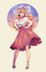Rule 34 | 1girl, artist name, ayshiun, belt, blonde hair, blue eyes, breasts, cleavage, contrapposto, earrings, full body, gem, hands on own hips, hat, highres, jewelry, large breasts, legs, long hair, long skirt, looking at viewer, mario (series), nintendo, pink skirt, princess peach, princess peach (vacation), shoes, simple background, skirt, solo, standing, super mario odyssey, very long hair, white hat