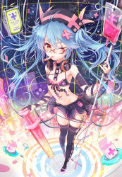 Rule 34 | 1girl, akabane (zebrasmise), bikini, bikini top only, blue hair, chain, collar, glasses, hat, headphones, heart, heart of string, highres, long hair, md5 mismatch, nurse, nurse cap, one eye closed, original, red eyes, resolution mismatch, scissors, solo, source larger, swimsuit, syringe, thermometer, thighhighs, twintails, wink