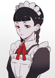 Rule 34 | 1girl, ace attorney, apron, black dress, black eyes, black hair, blunt bangs, braid, closed mouth, collared dress, dress, juror 2 (maid), looking at viewer, maid, maid apron, maid headdress, neck ribbon, noi350, puffy sleeves, red ribbon, ribbon, simple background, solo, the great ace attorney, the great ace attorney: adventures, twin braids, upper body, white apron, white background