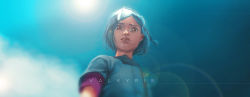 Rule 34 | 1girl, absurdres, arcane: league of legends, artist name, blue hair, blurry, blurry background, brown eyes, child, day, derivative work, from below, green background, green shirt, highres, league of legends, looking at viewer, outdoors, pink sleeves, powder (arcane), shirt, short hair, solo, valkyrie (ekpk5223)