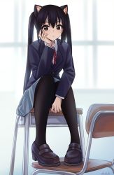 Rule 34 | 1girl, animal ears, black hair, black pantyhose, blazer, blue jacket, brown eyes, brown footwear, cat ears, chair, closed mouth, collared shirt, commentary request, desk, elisabetlis, full body, grey skirt, hand on own cheek, hand on own face, highres, indoors, jacket, k-on!, kemonomimi mode, long hair, long sleeves, looking at viewer, nakano azusa, neck ribbon, on desk, pantyhose, pleated skirt, red ribbon, ribbon, sakuragaoka high school uniform, school chair, school desk, school uniform, shirt, sitting, skirt, solo, twintails, white shirt