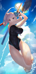 Rule 34 | 1girl, absurdres, arms up, asymmetrical hair, black one-piece swimsuit, black wristband, blue eyes, blue one-piece swimsuit, blue sky, breasts, bun cover, competition swimsuit, covered navel, fate/grand order, fate (series), hair bun, highleg, highleg swimsuit, highres, jet ski, large breasts, long hair, looking at viewer, miyamoto musashi (fate), miyamoto musashi (fate/grand order), miyamoto musashi (swimsuit berserker) (fate), miyamoto musashi (swimsuit berserker) (first ascension) (fate), multicolored clothes, multicolored swimsuit, one-piece swimsuit, pink hair, scottie (phantom2), side bun, single hair bun, single side bun, sky, solo, sunlight, swept bangs, swimsuit, thighs, toy sword, two-tone swimsuit, water