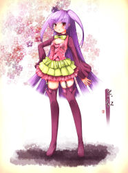 Rule 34 | 1girl, alternate color, blush, boots, breasts, creatures (company), dress, full body, game freak, garter straps, gen 7 pokemon, hand on own hip, hat, highres, knee boots, long hair, long sleeves, looking at viewer, mini hat, nintendo, personification, pink eyes, pokemon, purple footwear, purple hair, purple hat, purple thighhighs, shiny pokemon, small breasts, solo, standing, takanashi hiyori, thighhighs, tsareena, two side up, very long hair