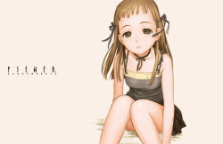 Rule 34 | 1girl, artist name, bare arms, bare legs, bare shoulders, black choker, black ribbon, bra strap, breasts, brown eyes, brown hair, brown skirt, choker, collarbone, expressionless, feet out of frame, grey shirt, hair ribbon, long hair, looking at viewer, miniskirt, murata range, original, parted lips, ribbon, ribbon choker, shirt, short bangs, sitting, skirt, sleeveless, small breasts, solo, spaghetti strap, straight hair, white background