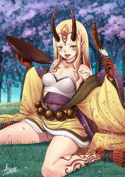 Rule 34 | 1girl, adsouto, banana, blonde hair, breasts, chocolate banana, cup, day, earrings, facial mark, fate/grand order, fate (series), fingernails, food, forehead mark, fruit, highres, holding, holding cup, holding food, horns, ibaraki douji (fate), japanese clothes, jewelry, kimono, long hair, oni, oni horns, outdoors, pointy ears, sakazuki, sharp fingernails, sitting, small breasts, tree, wariza, wide sleeves, yellow eyes, yellow kimono