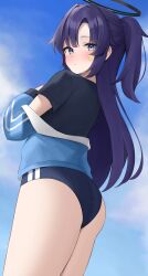 Rule 34 | 1girl, absurdres, blue archive, blue eyes, blue hair, gym uniform, halo, highres, long hair, looking at viewer, official alternate costume, solo, thighs, tsubaki 0317, yuuka (blue archive), yuuka (track) (blue archive)