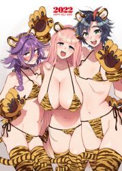 Rule 34 | 2022, 3girls, :d, animal ears, animal hands, animal print, arm around waist, bikini, black choker, black hair, blue eyes, blunt bangs, blush, braid, breasts, cameltoe, choker, claw pose, cleavage, closed mouth, commentary request, covered erect nipples, english text, fake animal ears, fake tail, frown, glaring, gloves, green eyes, hair between eyes, half-closed eyes, halterneck, happy new year, large breasts, long hair, looking at viewer, medium breasts, multicolored hair, multiple girls, navel, new year, open mouth, orange bikini, orange gloves, orange thighhighs, original, partial commentary, paw gloves, pink hair, print bikini, print gloves, print legwear, print thighhighs, purple hair, red eyes, short hair, side-tie bikini bottom, small breasts, smile, standing, string bikini, swimsuit, tail, thighhighs, tiger ears, tiger print, tiger tail, yukataro
