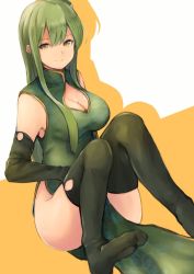 Rule 34 | 1girl, alternate costume, bad id, bad pixiv id, black gloves, black hair, breasts, china dress, chinese clothes, cleavage, cleavage cutout, clothing cutout, convenient leg, dress, elbow gloves, floral print, frog hair ornament, gloves, green dress, green hair, hair ornament, highres, kochiya sanae, koretsuki aduma, large breasts, long hair, looking at viewer, no panties, side slit, sitting, sleeveless, sleeveless dress, smile, solo, thighhighs, thighs, touhou, very long hair, yellow eyes