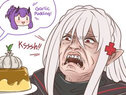 Rule 34 | 2girls, arknights, braid, cross hair ornament, crown braid, disgust, fangs, food, frown, furrowed brow, garlic, guin guin, hair ornament, head only, hibiscus (arknights), horns, multiple girls, narrowed eyes, open mouth, pointy ears, pudding, purple hair, red eyes, scowl, vampire, warfarin (arknights), white background, white hair